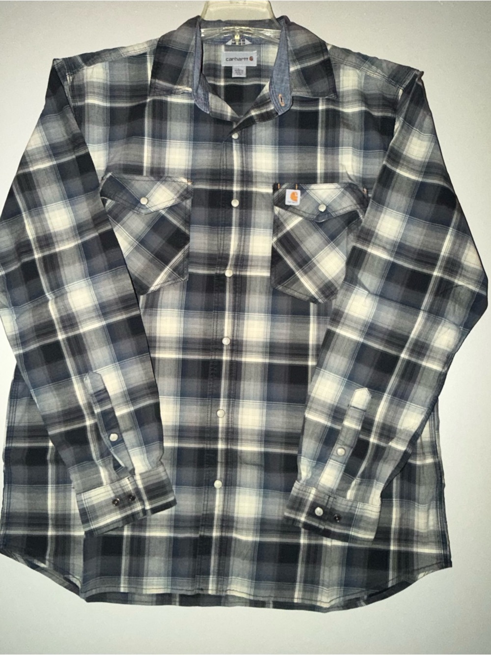 Title 417: Carhartt Plaid Snap Front Work Shirt Blue Gray Large